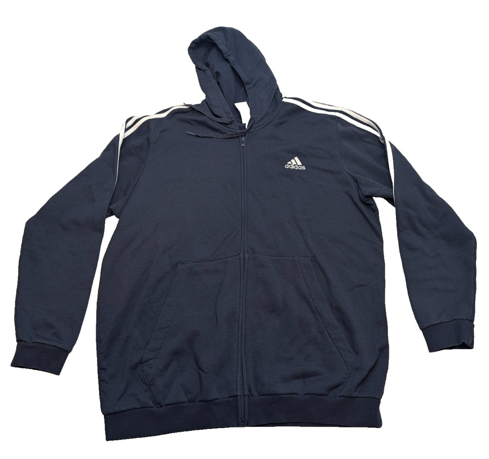 Adidas Hoodie Mens 2XLT Blue Full Zip 3 Stripe Fleece Big Tall Sweatshirt Y2K